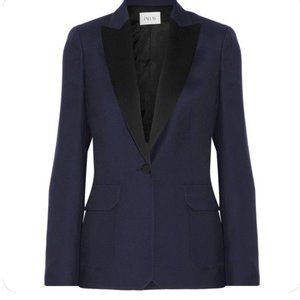 Pallas Adelaide satin-trimmed navy and black crepe blazer, NEW and NEVER WORN